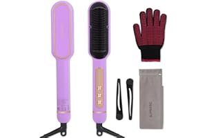 SUPBERC Negative Ionic Hair Straightener Brush with 9 Temp Settings, 30s Fast Heating Hair Straightening Comb with LED Display, Anti-Scald & Auto-Shut Off Hair Brush Straightener for Women (Purple)