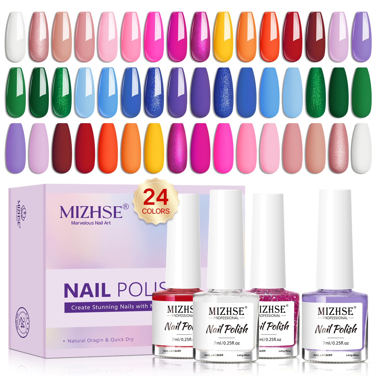 Photo 1 of MIZHSE Quick Dry Nail Polish Set, 24 Colors Regular Nail Polish Non Gel, Air Dry Fast Neon Trendy Glitter Bulk Nail Lacquer Oil-based Long Lasting Fingernail Toe Home DIY Gift for Women
