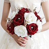 Jackcsale Wedding Bouquets for Bride Bridesmaid, Wine Red White Rose Artificial Flowers Bouquet Bouquet Bride Church Home Decoration