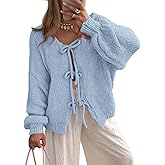 PRETTYGARDEN Women's Tie Front Bow Cardigan Sweaters Chunky Knit Long Puff Sleeve Trendy Fall Winter Jacket Coats