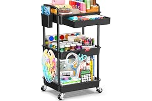SUNALLY 3 Tier Rolling Storage Carts with Removable Drawers, Lockable Wheels, Hooks & Cup Holders – Easy Assembly Storage Org