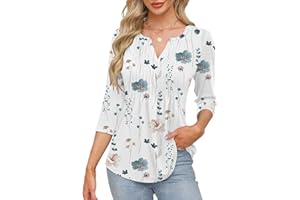 FreshNight LUYAA 3/4 Length Sleeve Womens Tops V Neck Tunic Tops Dressy Casual Pleated Shirts Fashion Tops for Women Trendy
