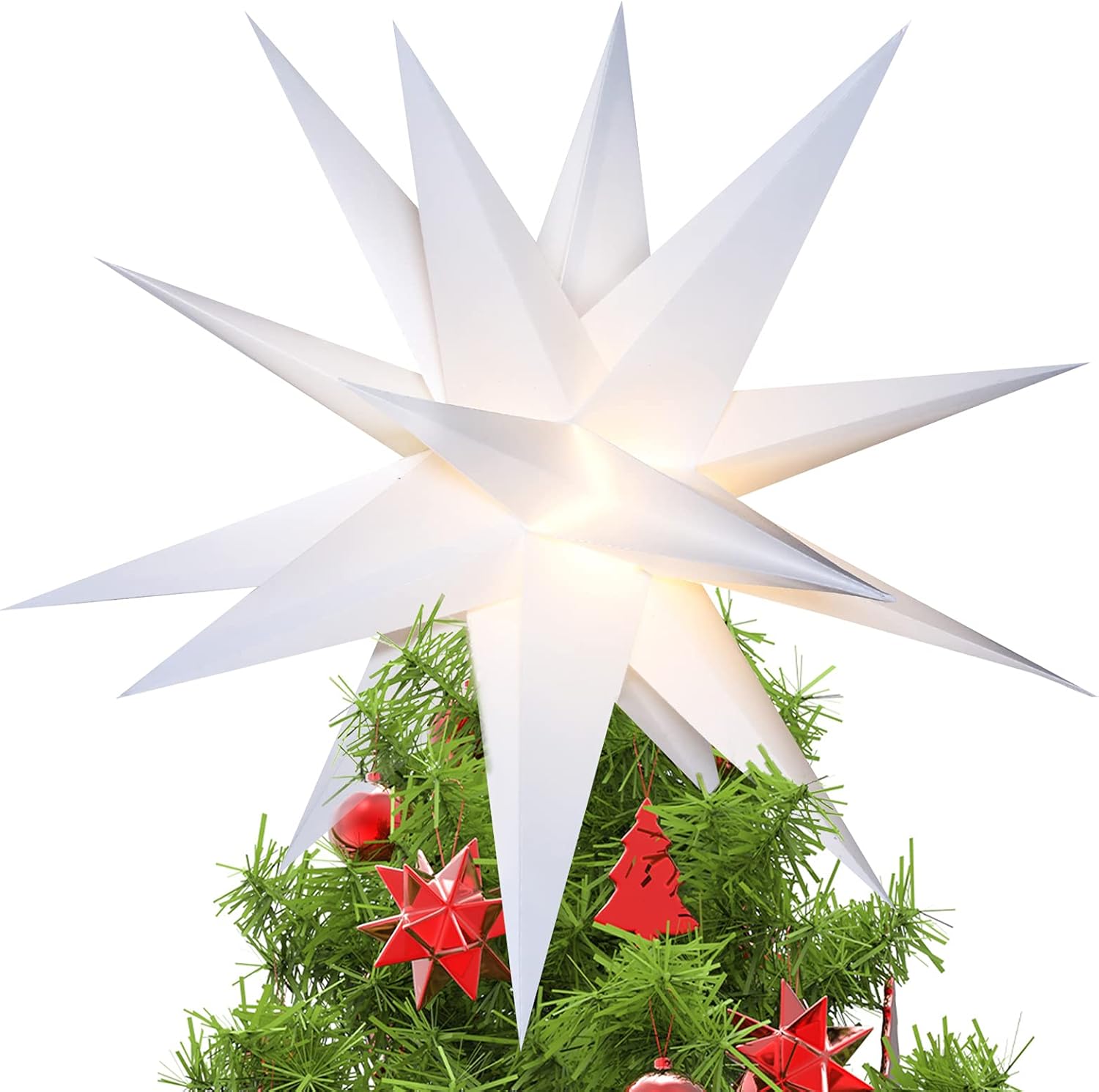 Tree Toppers - Qijieda 3D Moravian Star Tree Topper - 18 inch LED Christmas Star Light Outdoor Battery with Timer, Bethlehem Star Used to Decorate Christmas Trees, Balconies, Courtyards (White)