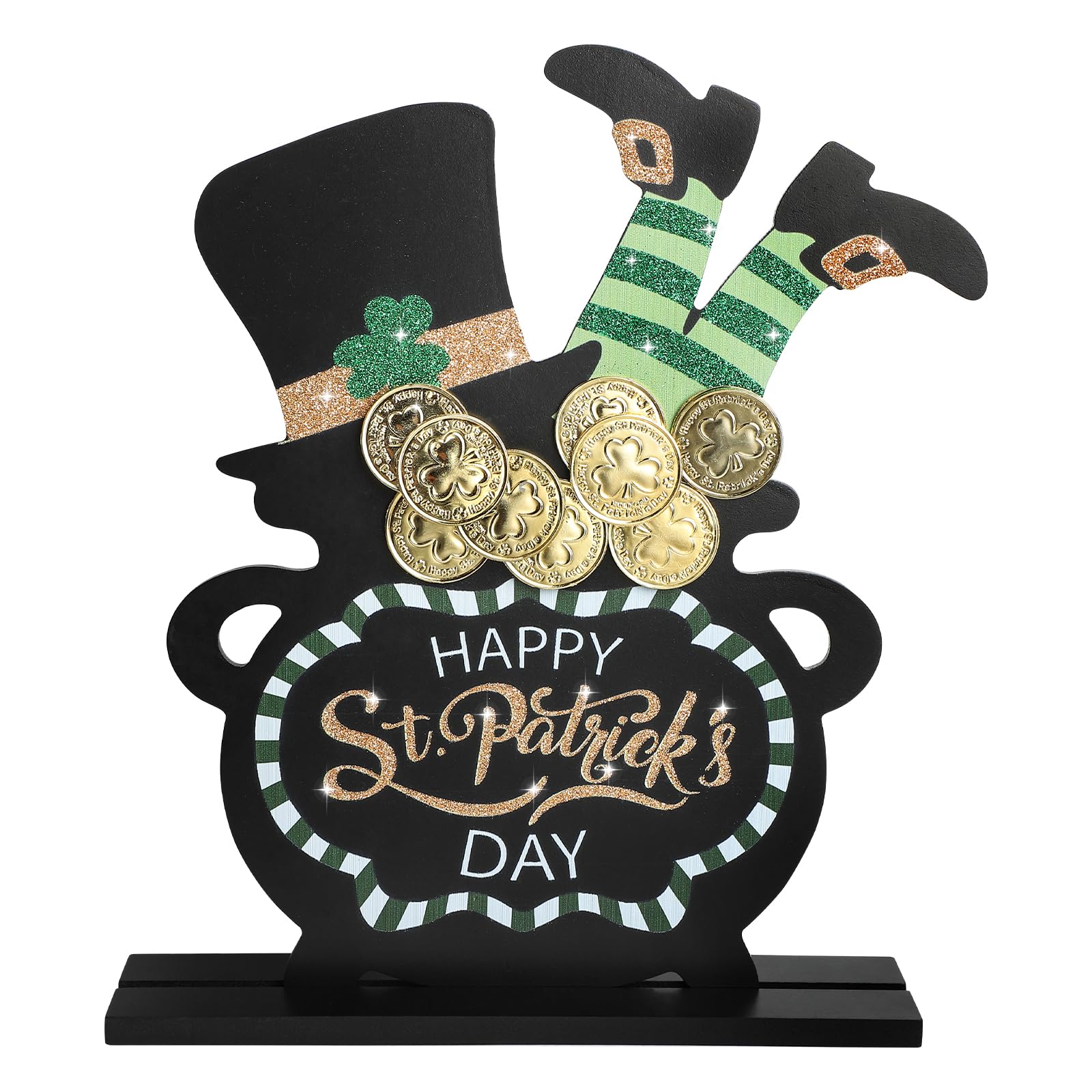 Photo 1 of COCHIE 12 Inches Wooden St. Patrick's Day Decorations Indoor, Large Glitter Shamrock Pot Tabletop Decor with Base, Happy St. Patrick's Day' Sign for Home Table Desk Door Shelf Display Black