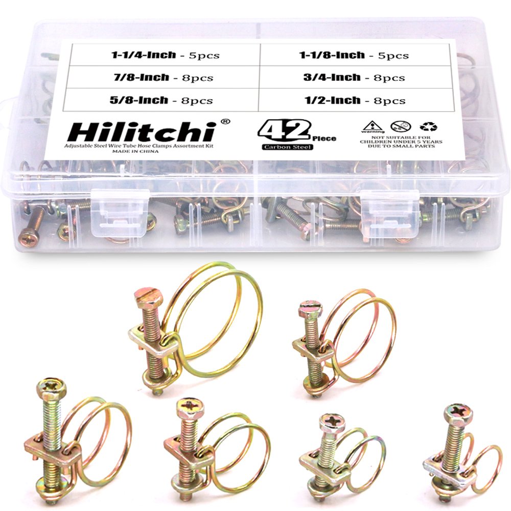 Hilitchi 42-Pcs 6-Size Adjustable Steel Wire Tube Hose Clamps Assortment Kit - Size Included 1/2", 5/8", 3/4", 7/8", 1-1/8", 1-1/4"
