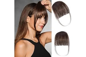 MYMYDA Clip in Bangs 100% Real Human Hair Extensions Clip on Wispy Bangs for Women Fringe with Temples Hairpieces Dark Brown Color
