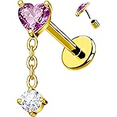 OUFER Body Piercing Titanium Dangle Helix Piercing Jewelry 18G Heart Cartilage Earring Studs 6MM Threadless Flat Back Cartilage Piercing Jewelry for Women Pink CZ