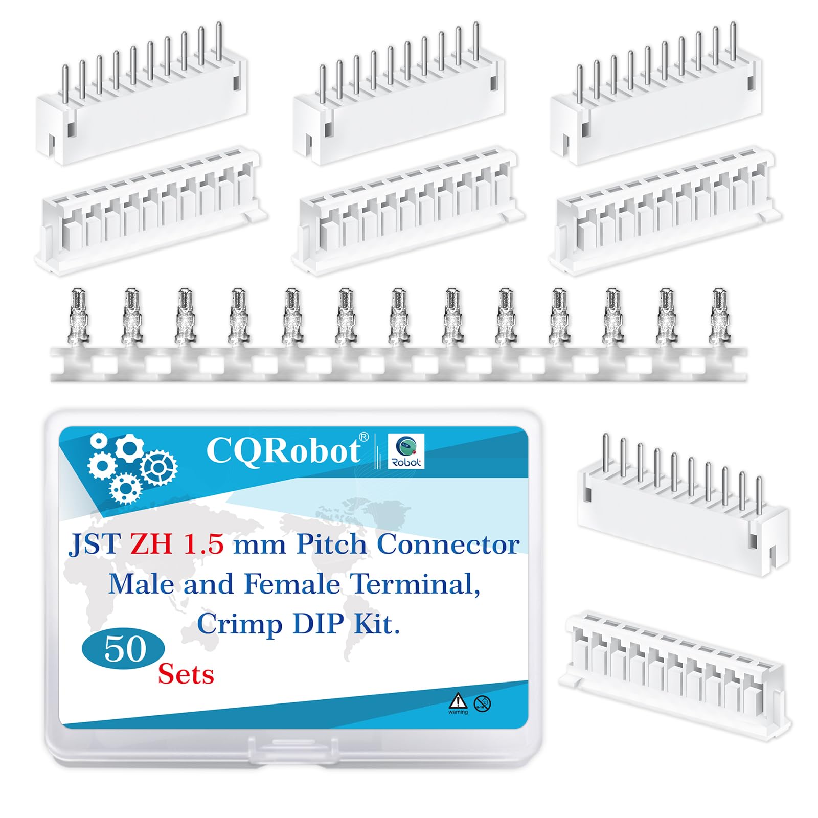 CQRobot JST ZH 1.5 mm Pitch 10-Pin Electronic Computer Connector IC Male Plugs, Female Sockets Housing and T-Shaped Crimp Terminal Kit. 50 Sets/600 Pieces Wire-to-Board Adapter Cable Assembly.
