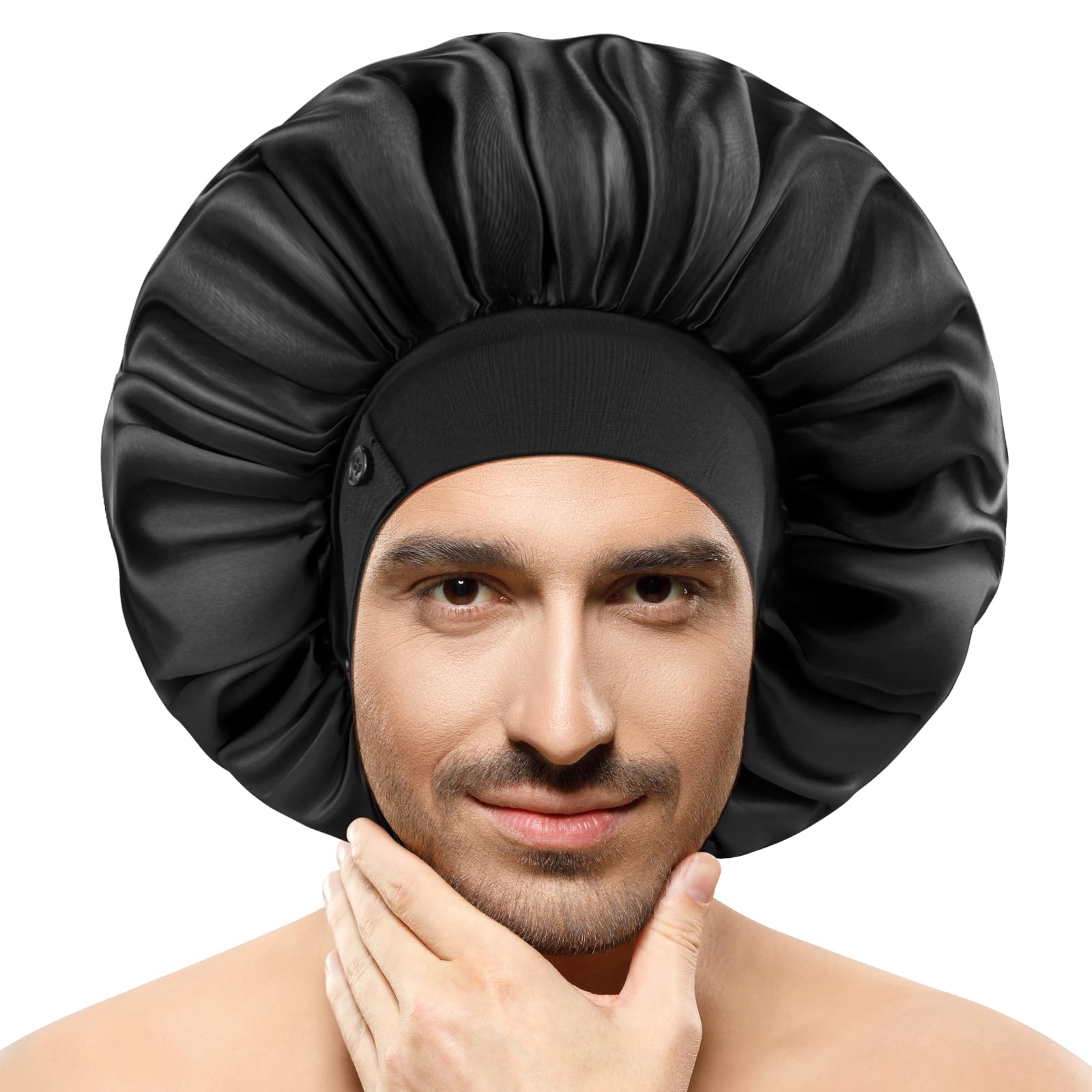 WINSTECK Silk Bonnets for Men Women, Satin Bonnet for Sleeping, Adjustable Hem & Double Layer, Large Sleep Bonnet for Curly Hair Braids Stay on All Night (Black)