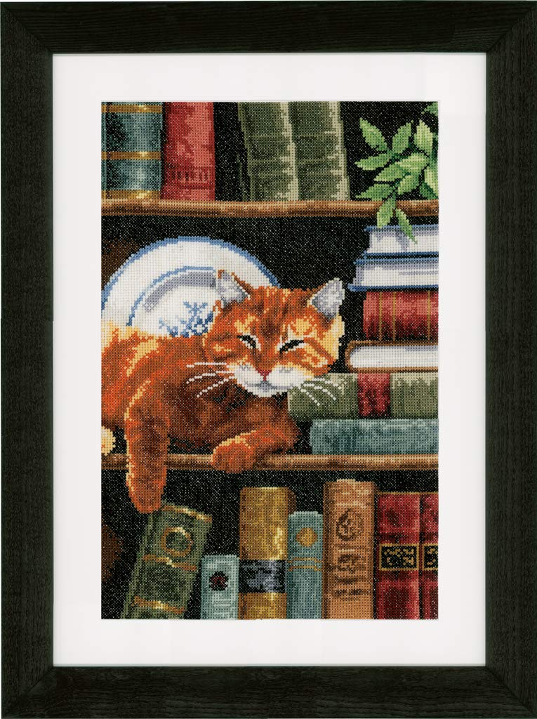 Vervaco Counted Cross Stitch Kit Cat on Bookshelf aida, Cotton Blend, Assorted, 37.6 x 20 x 22 cm
