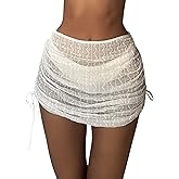 Falainetee Women's Drawstring Solid Ruched Summer Bikini Cover Up Skirt