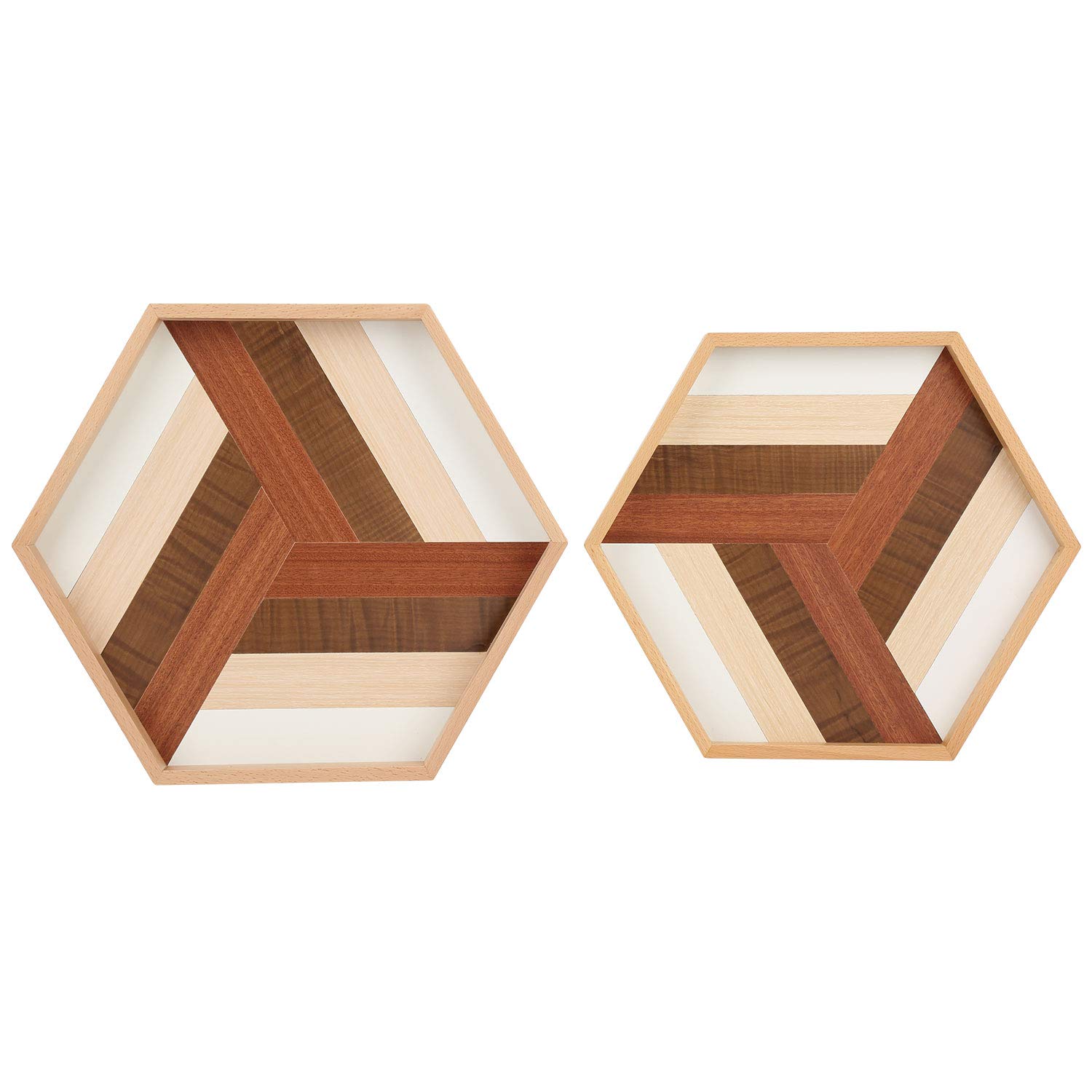 Set of 2- QUEENSDOWN Hexagon Serving Tray Sturdy Wooden Handmade， Great for Dinner Tray/Coffee Table/Decoration Table