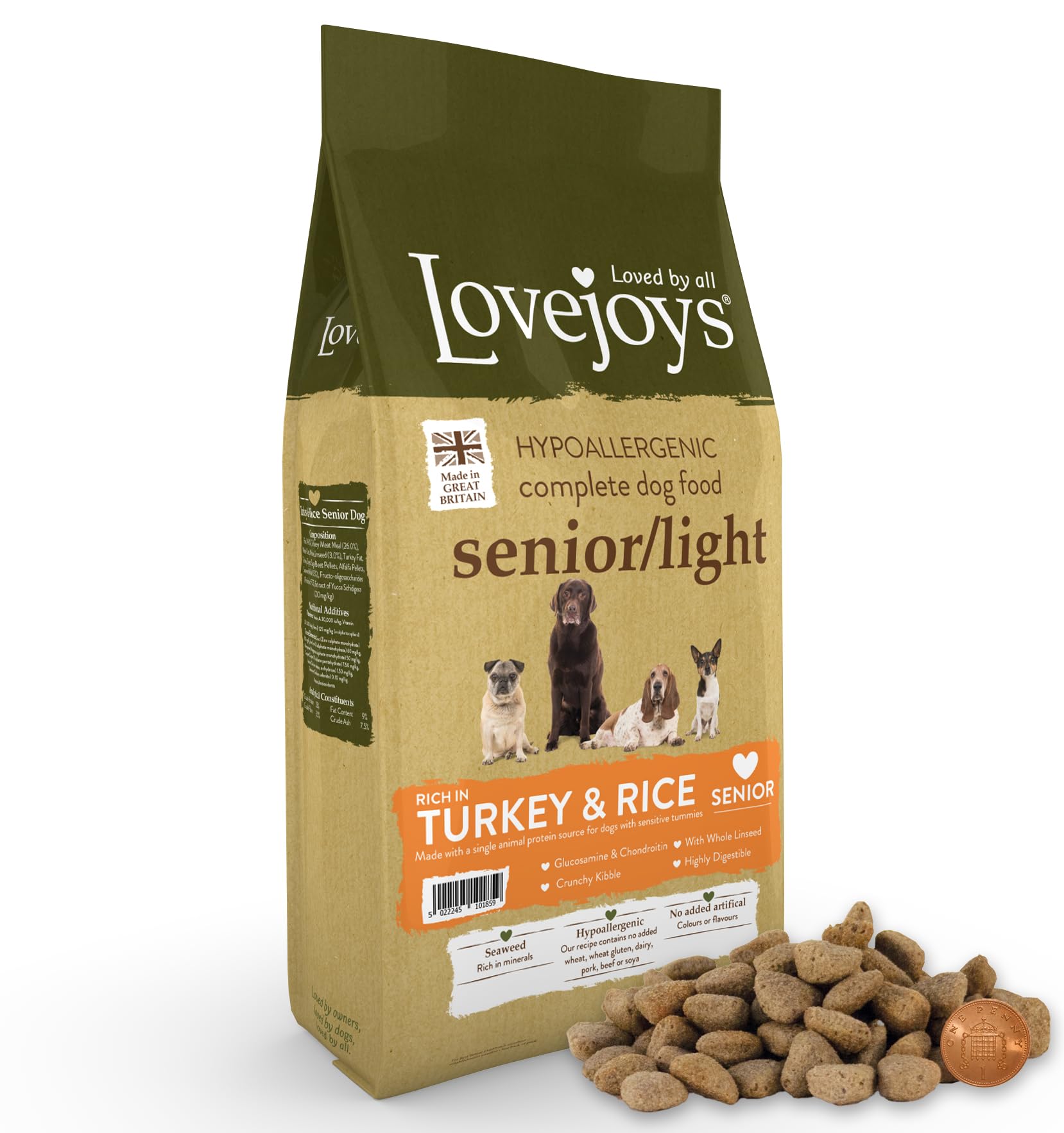 Lovejoys Light/Senior Dry Dog Food Hypoallergenic, Turkey & Rice, 12kg - Complete Dog Kibble, Low Fat, Low Protein, Gluten Free Dog Food for Sensitive Stomach
