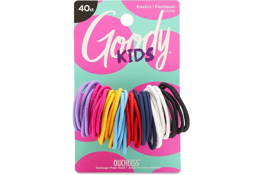 Goody Kids Ouchless Hair Elastics – No Pull, No Breakage, Tangle-Free Hold for Fine Hair – 40 Count, Assorted Colors, Long-Lasting Ponytail Holders for Girls & Boys