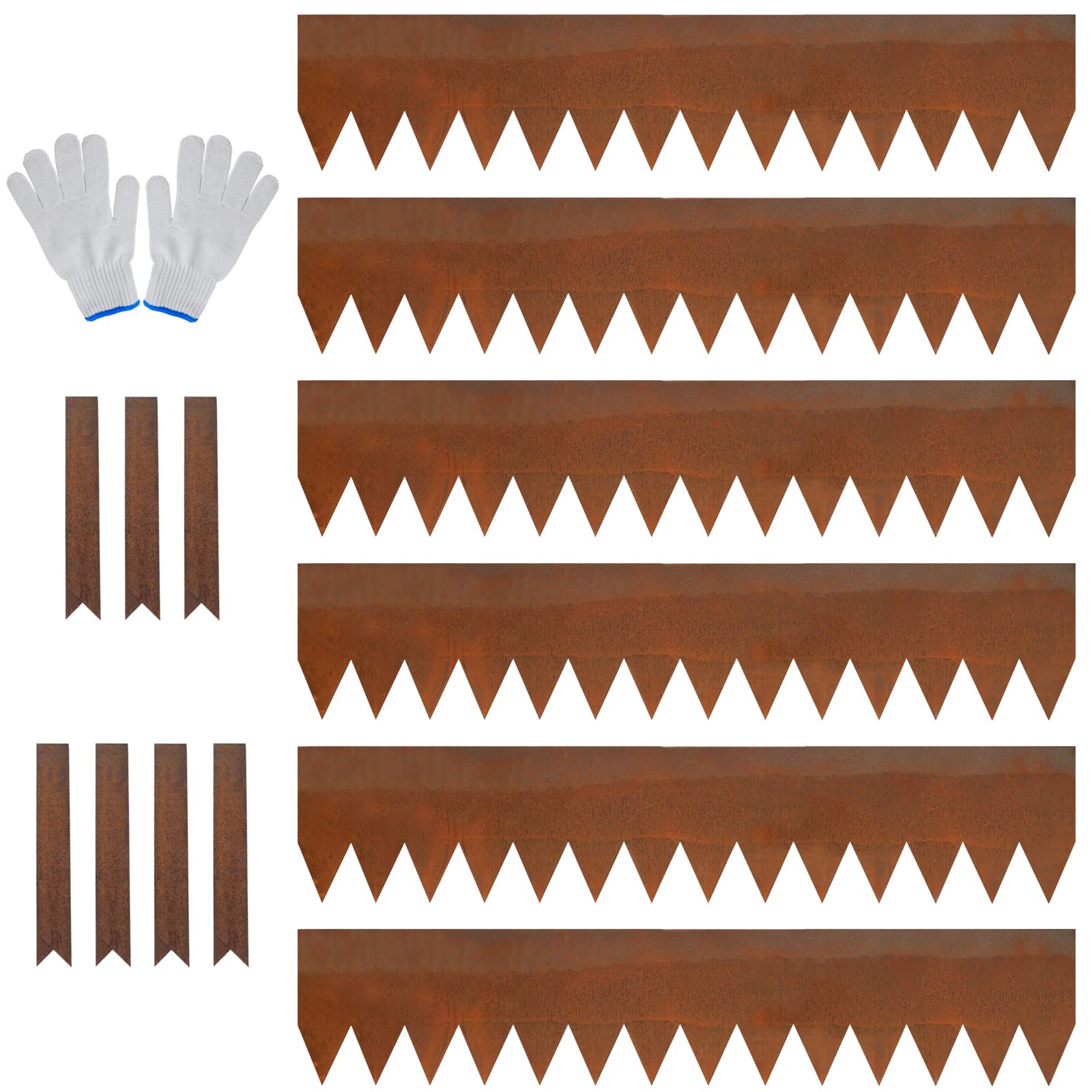 JonesHouseDeco Lawn Edging Border 20cm Height 6 Pack Pre-Rusted Cor-Ten Steel Landscape Edging - No-Dig Hammer-in Heavy Duty 14-Gauge Metal Corten Decor Edging (6M Length Total) w/ 7 Clips & Gloves