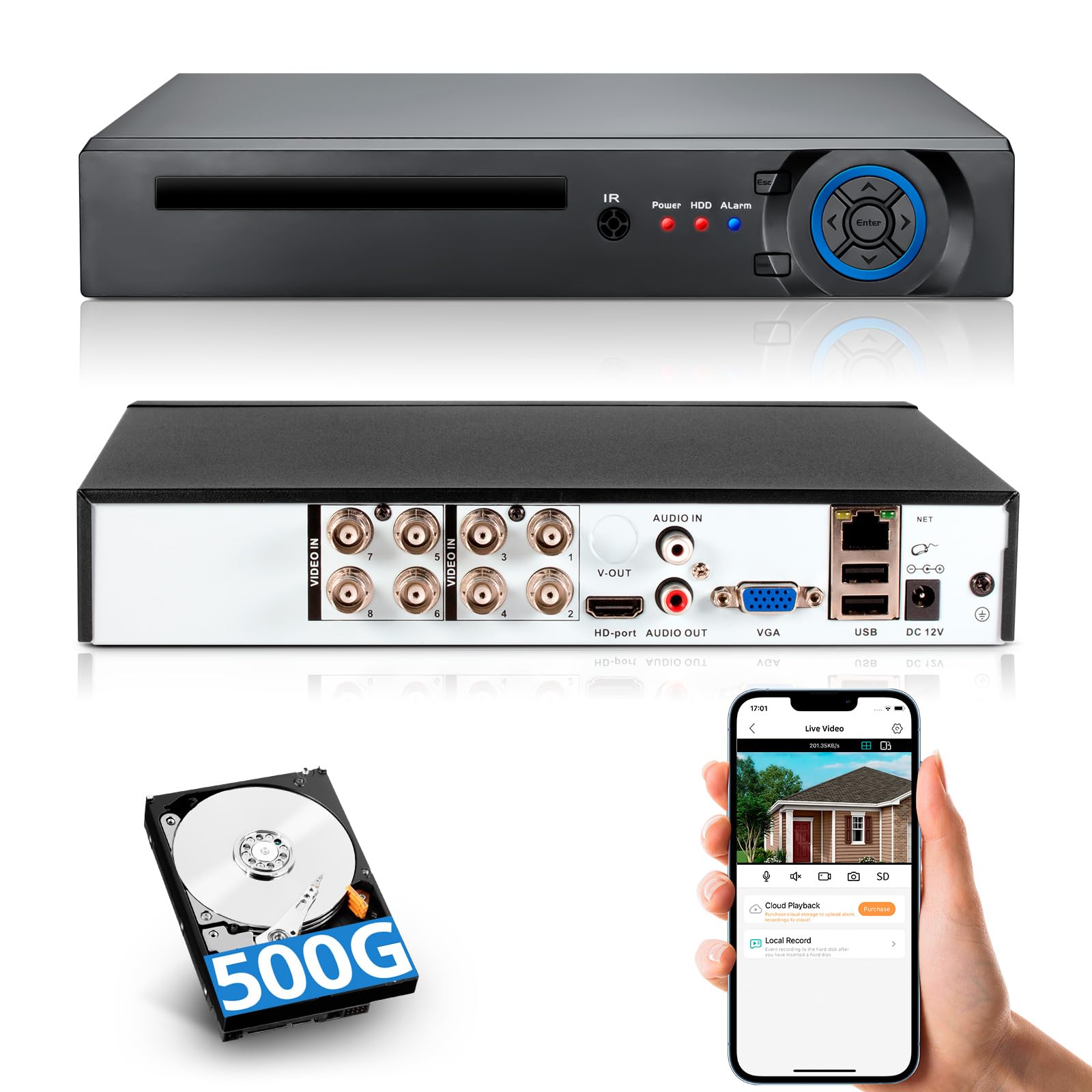 8 Channel Security DVR Recorder with 500G HDD, 8CH Hybrid 6-in-1 CCTV DVR for Surveillance Camera,Supports 8CH Analog Cameras, DVR for Security Camera Home Surveillance System,Mobile APP & PC Remote