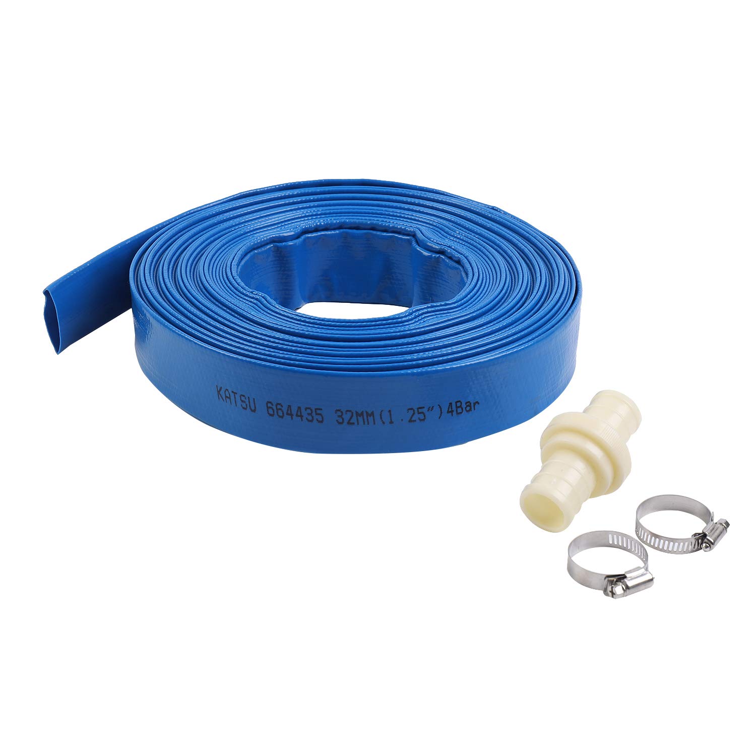 KATSU Layflat Discharge Hose Pipe 20m x 32mm 1-1/4 Inch Diameter with 2 Clips and Quick Coupler Connector, Fits Submersible & Other Water Pumps for Draining Pond, Garden Irrigation, Hot Tub, Pool