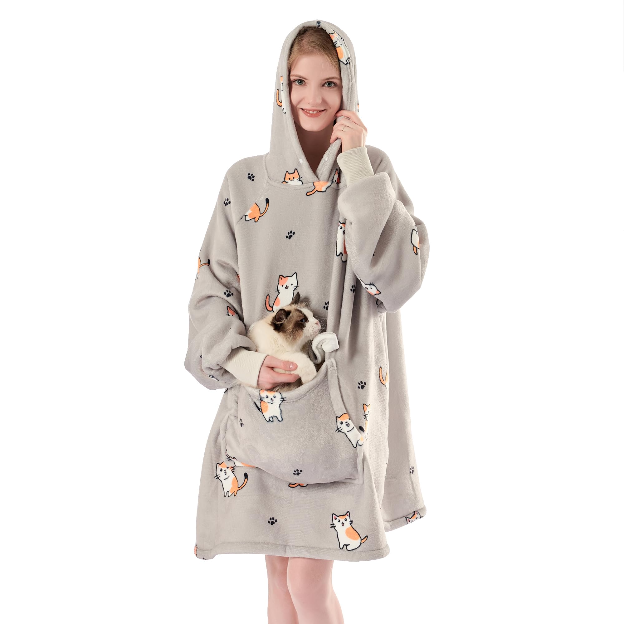 Krifey Wearable Blanket Hoodie, Oversized Sherpa Fleece Sweatshirt with Giant Pocket, Birthday Gifts for Women, Mom, Sister, Chill Cat Image
