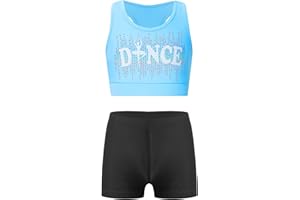 Hansber Kids Girls 2 Piece Dance Outfits Crop Top with Booty Shorts Active Set Gymnastics Leotard Dancewear Swimwear