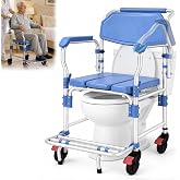 NnsZenith 3 in 1 Flip-Up Bedside Commode Wheelchair with Wheels for Shower | Shower Chair for Seniors,Aluminum Mobile Toilet, Casters, Anti-Tilt Foldable Footrest, Sponge Padded Seat, 330 lbs Capacity