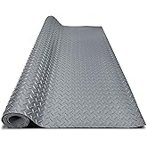 4x10FT Garage Floor Mat, 2.8mm Thickened Flooring Roll for Under Car, Golf Cart Parking Mat, Diamond Plate PVC Rubber Motorcycle Mat, Non-Slip Floor Protector for Garage Warehouse Trailer, Grey