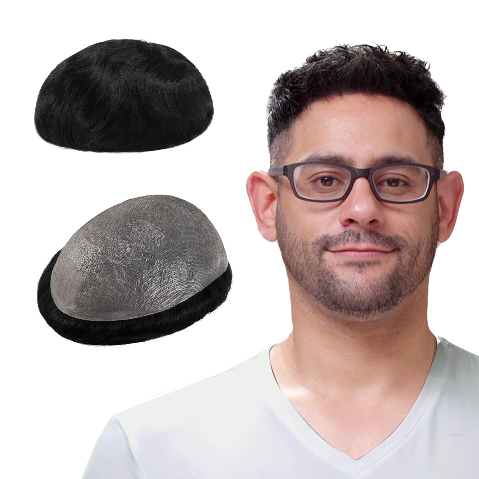 Lordhair Toupee for Men with 100% European human hair 8x10 inch Hairpiece for Men 0.03mm Ultra Thin Skin Hairsystem All V-looped Mens Toupee (Jet Black #1) — image 1