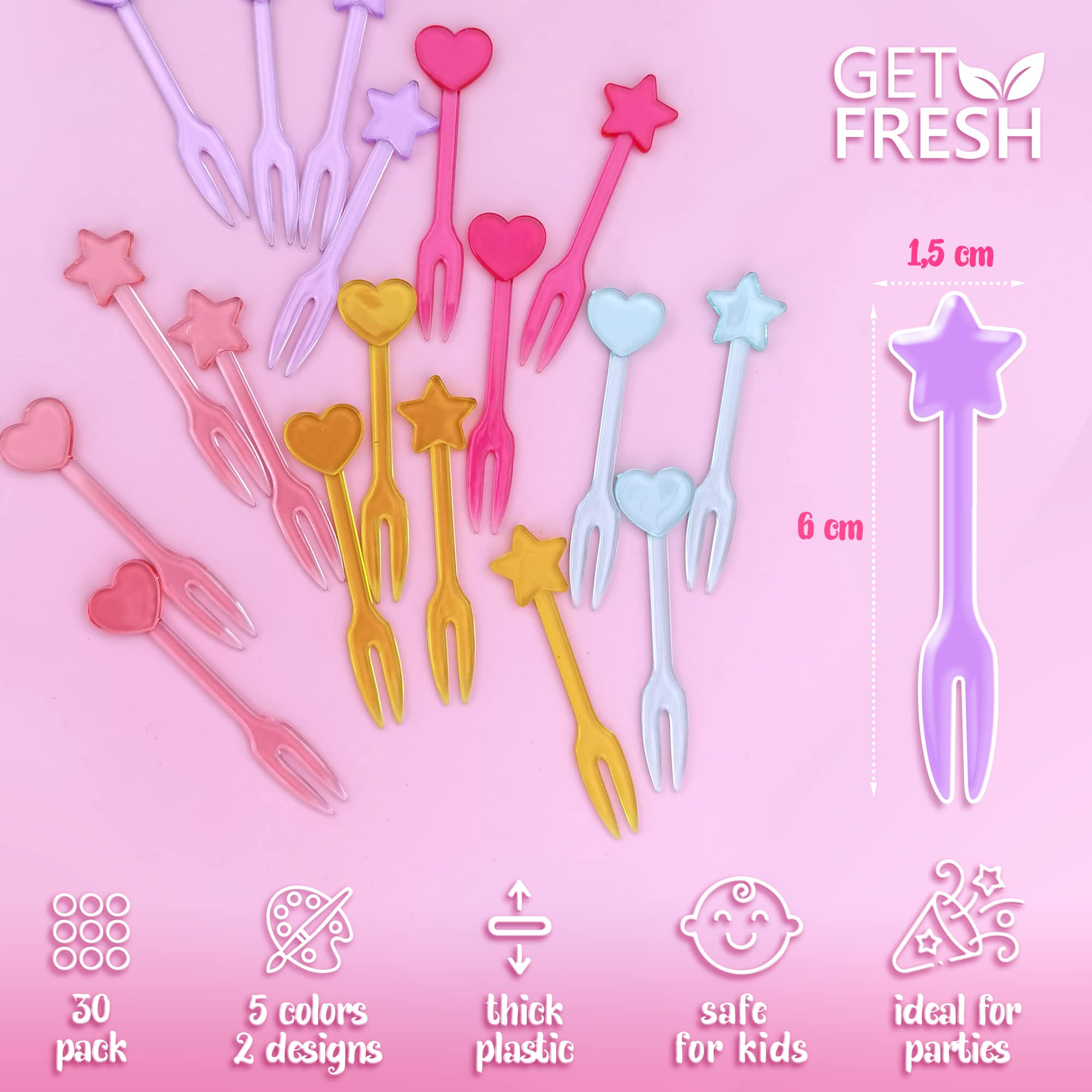 GET FRESH 30 Forks for Kids - Fruit Picks, Bento Box Picks, Reusable Mini Toothpick Sticks, Heart Dessert Forks for Children Party and Lunch Box
