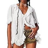 Women Ruffle Lace Trim Tops Y2k Short Sleeve Flowy Button Blouse Boho Eyelet Babydoll Top Coquette