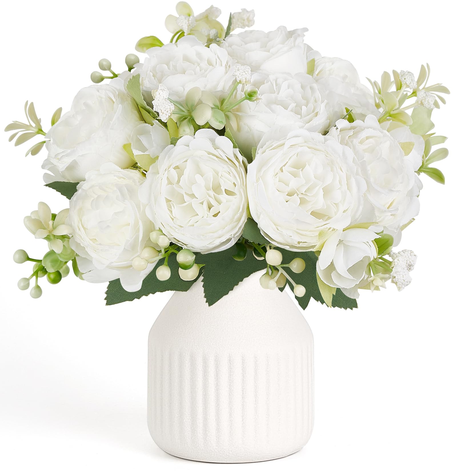 Photo 1 of Mkono Fake Flowers in Vase 9 inches Artificial Flower Centerpieces Coffee Table Decorations Silk Flowers Arrangements for Home Desk Shelf Dining Room Kitchen Wedding Decor