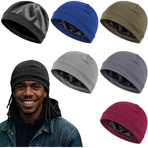 Unittype 6 Pcs Satin-Lined Skull Cap Satin Knit Beanie Hat Wearable Silk Lined Hair Bonnet Soft Night Sleep Hat for Men Women