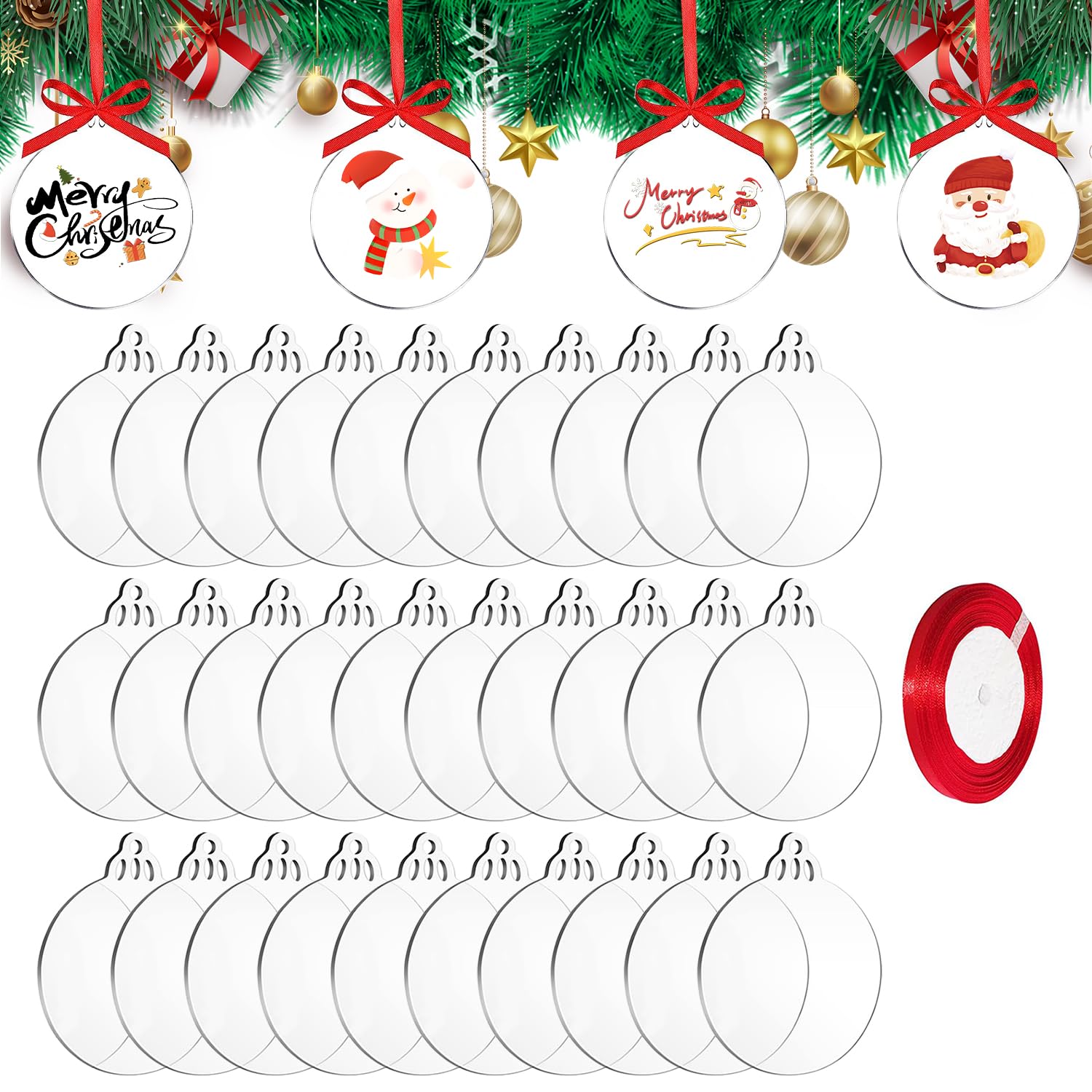 TAIANJI 50 Pcs Christmas Acrylic Clear Disc 10cm, Acrylic Round Ornaments with Red Ribbon, DIY Blank for Xmas Tree Party Hanging Decoration Supplies