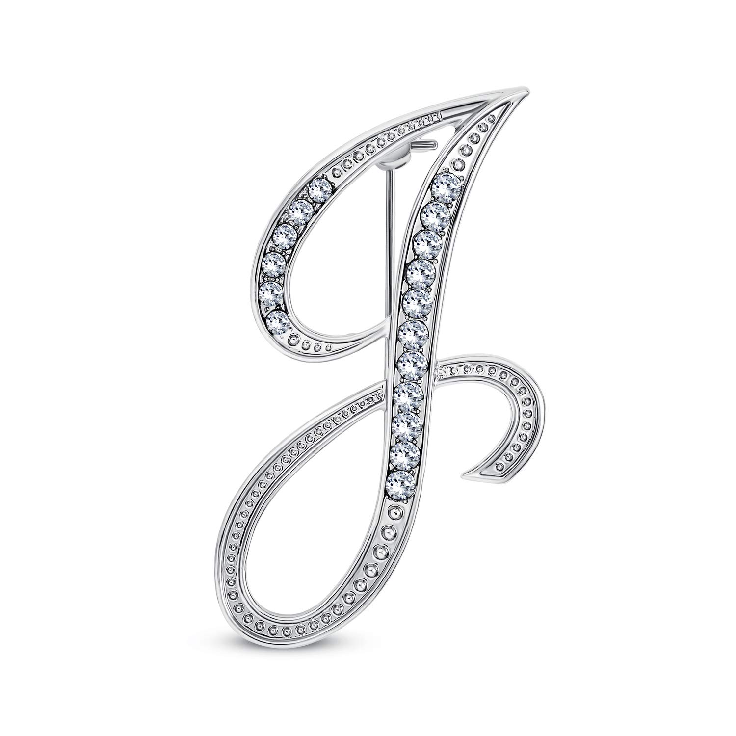Large Statement ABC Pave Crystal Cursive Script Monogram Letters Alphabet Initial J Scarf Lapel Pin Brooch For Women Silver Plated