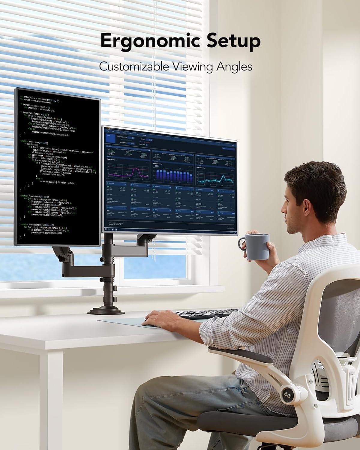 HUANUO Monitor Halterung 2 Monitore für 13-32 Zoll Bildschirm, Gaming Monitorhalterung 2 Monitore Höhenverstellbar mit 9KG Pro Arm, Bildschirmhalterung Neigbar Schwenkbar, VESA 75/100mm 5