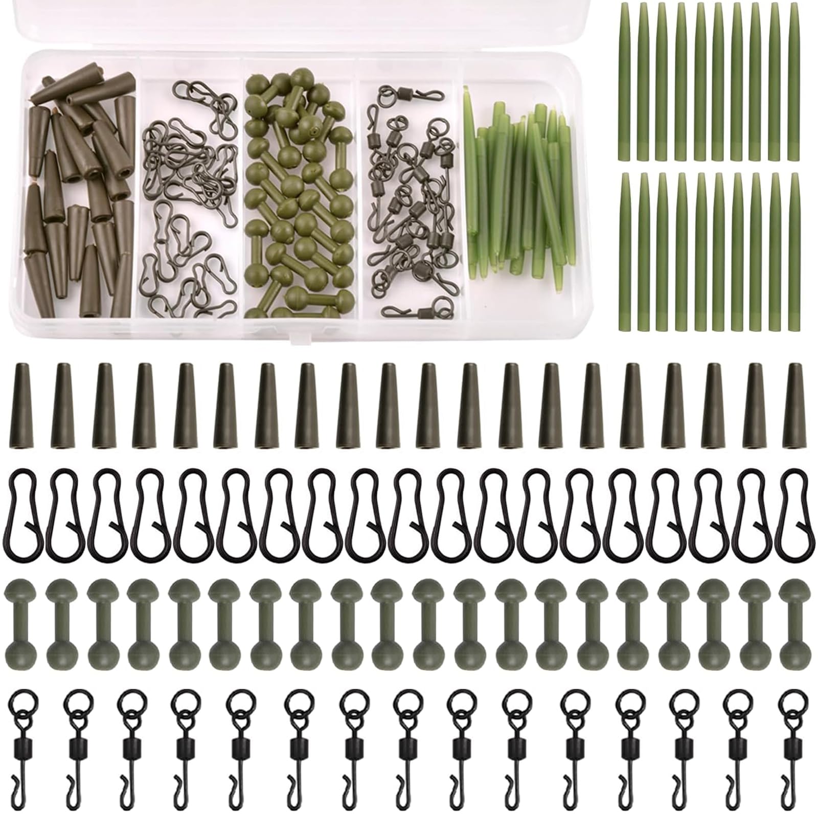 105pcs Carp Fishing Accessories Kit Helicopter Rigs Tackle with Anti-Tangle Sleeves Helicopter Beads Quick-Change Swivels Tail TubeTool Kit for Coarse Carp Fishing