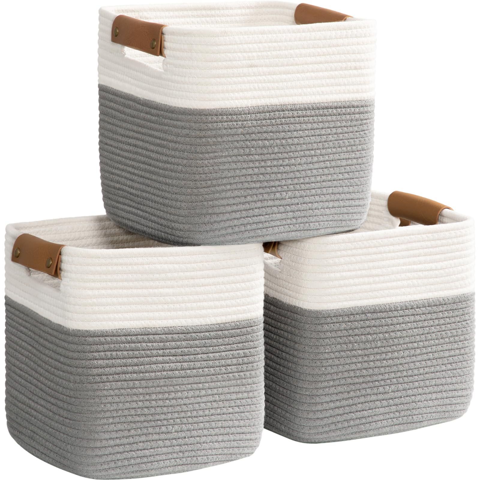 Photo 1 of danpinera 3 Pack 11"x11" Woven Basket for Organizing, Square Storage Baskets for Pillows, Towels, Toy, Clothes, Magazines, Decorative Storage Cubes for Bedroom, Living Room, Classroom, Grey