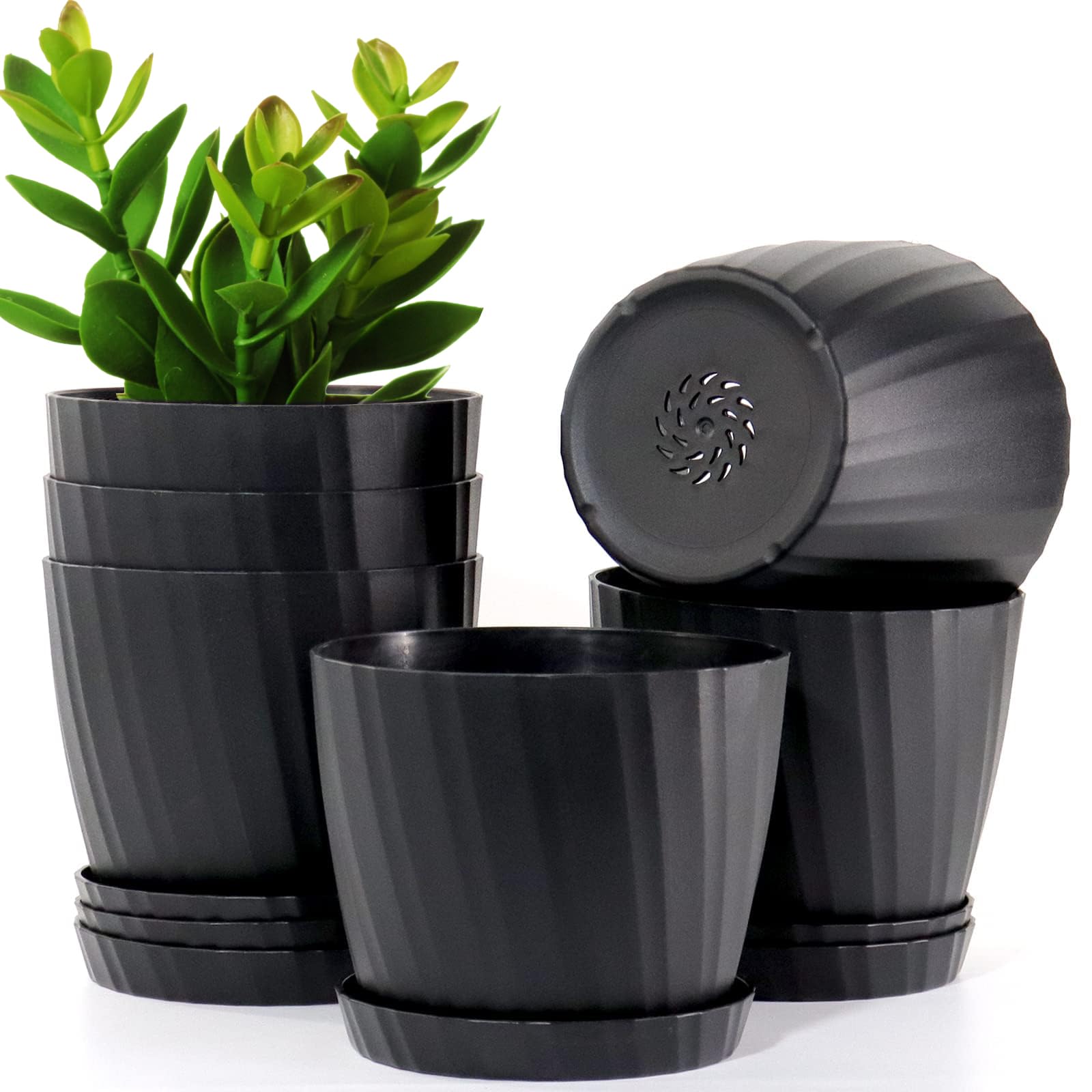 MUAEEOK 18CM 6 Pack Plant Pots Indoor Plastic Planters with Drainage Holes and Saucers for Indoor Outdoor House Plants and Flowers Modern Decorative Planter Pot for All House Plants (Black)