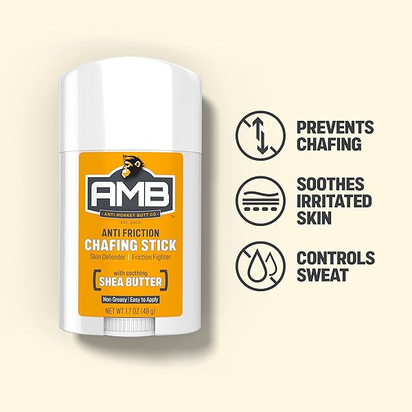 ANTI MONKEY BUTT ANTI-CHAFING STICK – MESS-FREE, EASY GLIDE APPLICATION WITH SHEA BUTTER & ALMOND OIL – PREVENTS & SOOTHES THIGH, CHEST, BRA LINE, & UNDERARM CHAFING – 1.7 OZ