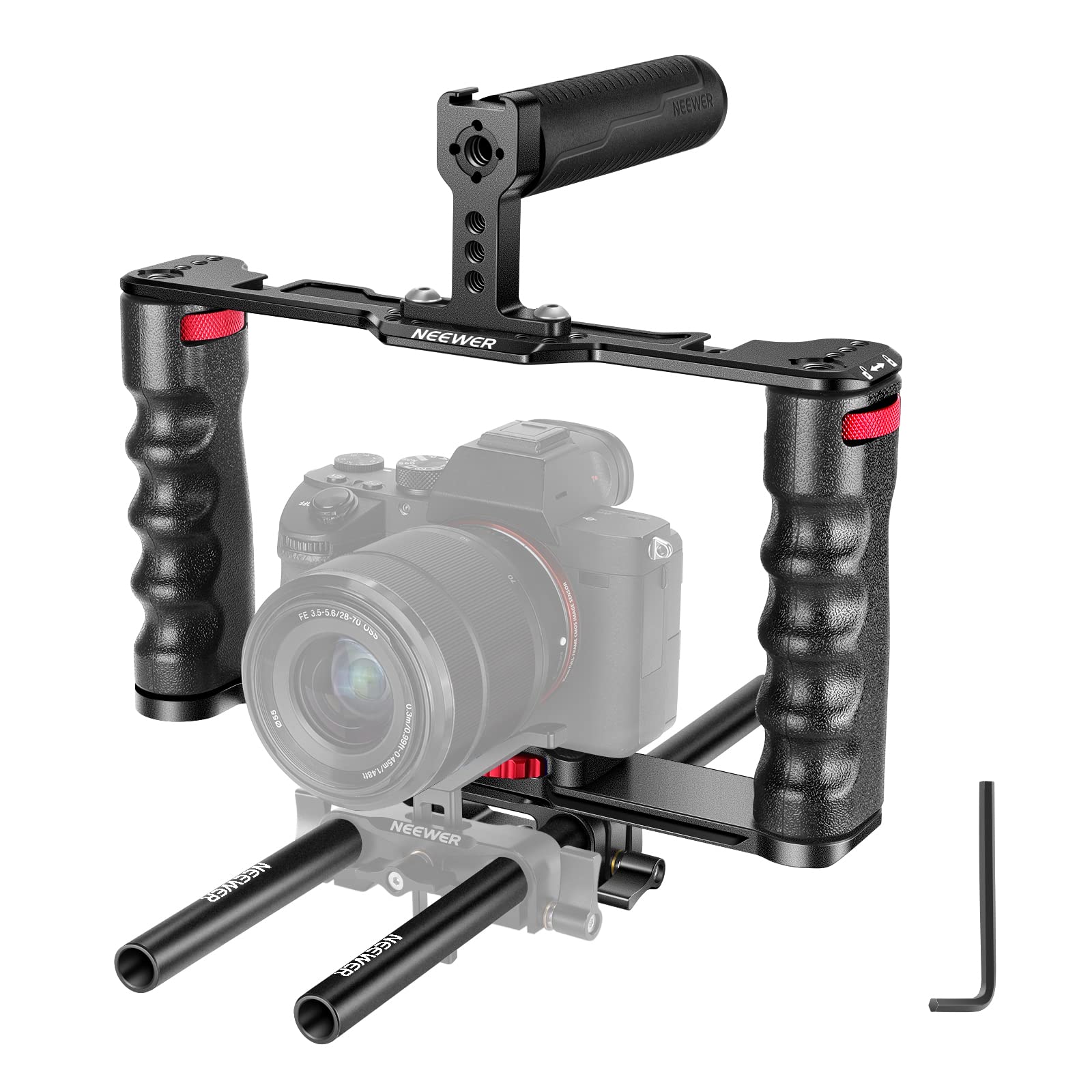 NEEWER Aluminum Alloy Camera Cage, Filmmaking Rig with Top Handle, Dual Grips, Standard Arca Type Base, Compatible with Sony A7S III A7IV A6600 Canon EOS R5C R5 R6 DSLR/Mirrorless Cameras - VS107