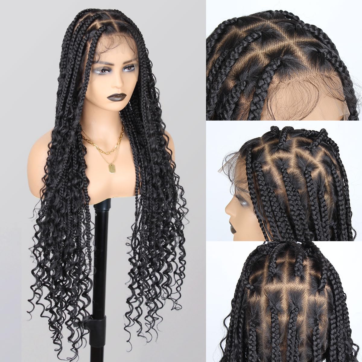 Photo 1 of QUISDUIS 36 Inch Full Lace Boho Braided Wigs for Black Women, 360° HD Single-layer Square Knotless Box Braid Wig with Baby Hair Handmade Synthetic Hair Blended Lace Front Wig Natural Black