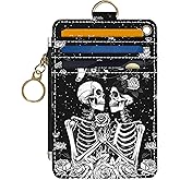 DATOUCAT Slim Wallet Credit Card Holder, Skeletons and Flowers, RFID Wallet Women Cute Small Front Pocket Wallet With Zipper, PU Leather Thin travel RFID Blocking Card Case ID Window,Ladies Gifts