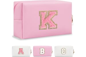 CHAOGREAT Personalized Initial A-Z Preppy Patch Makeup Bag,Small PU Leather Chenille Letter Cosmetic Bag with Zipper for Teen Girls,Pink Cute Travel Toiletry Bag,Birthday Monogrammed Gift for Daughter,Letter K