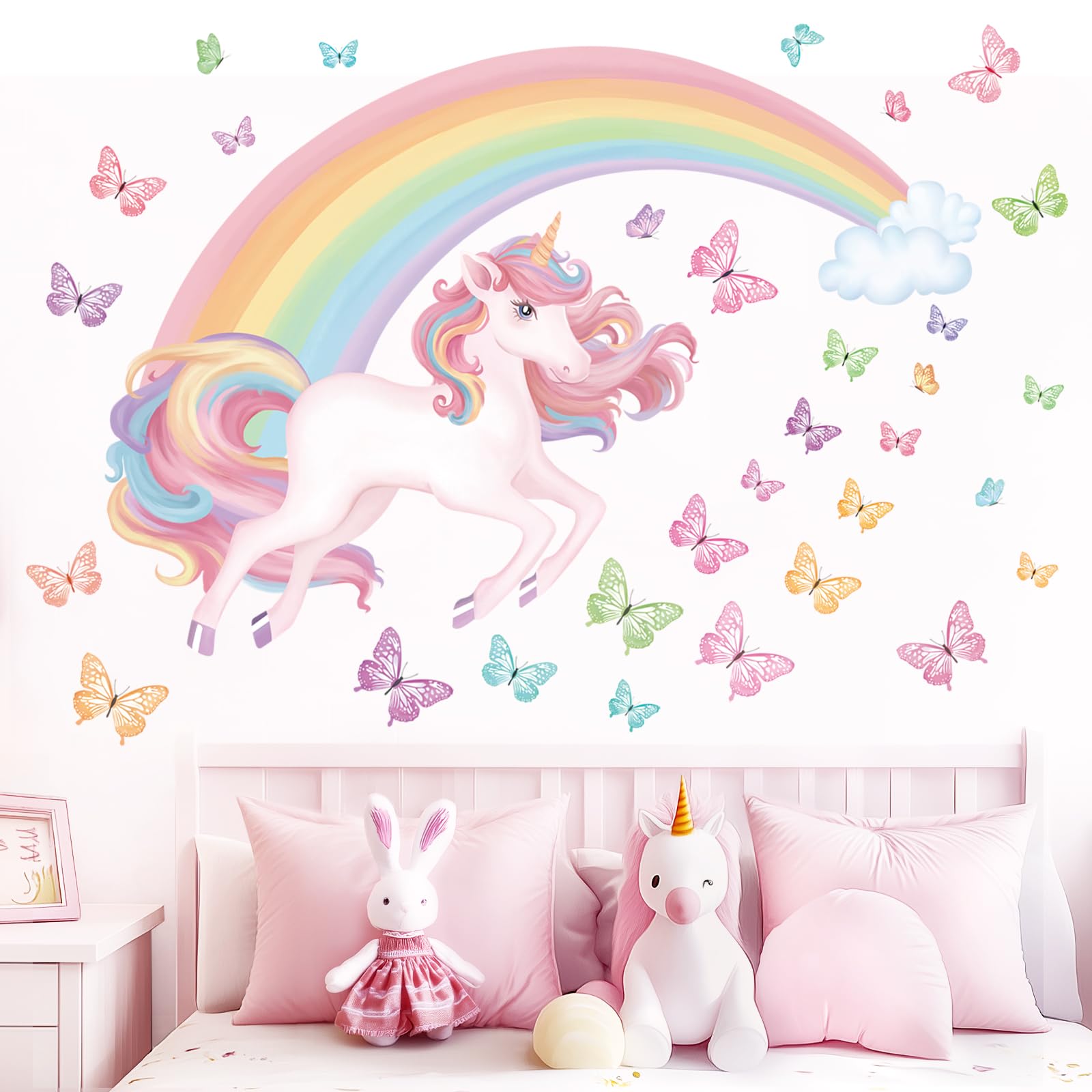 wondever Large Rainbow Unicorn Wall Stickers Rainbow Cloud Butterfly Peel and Stick Wall Art Decals for Baby Nursery Girls Bedroom Toddler Room