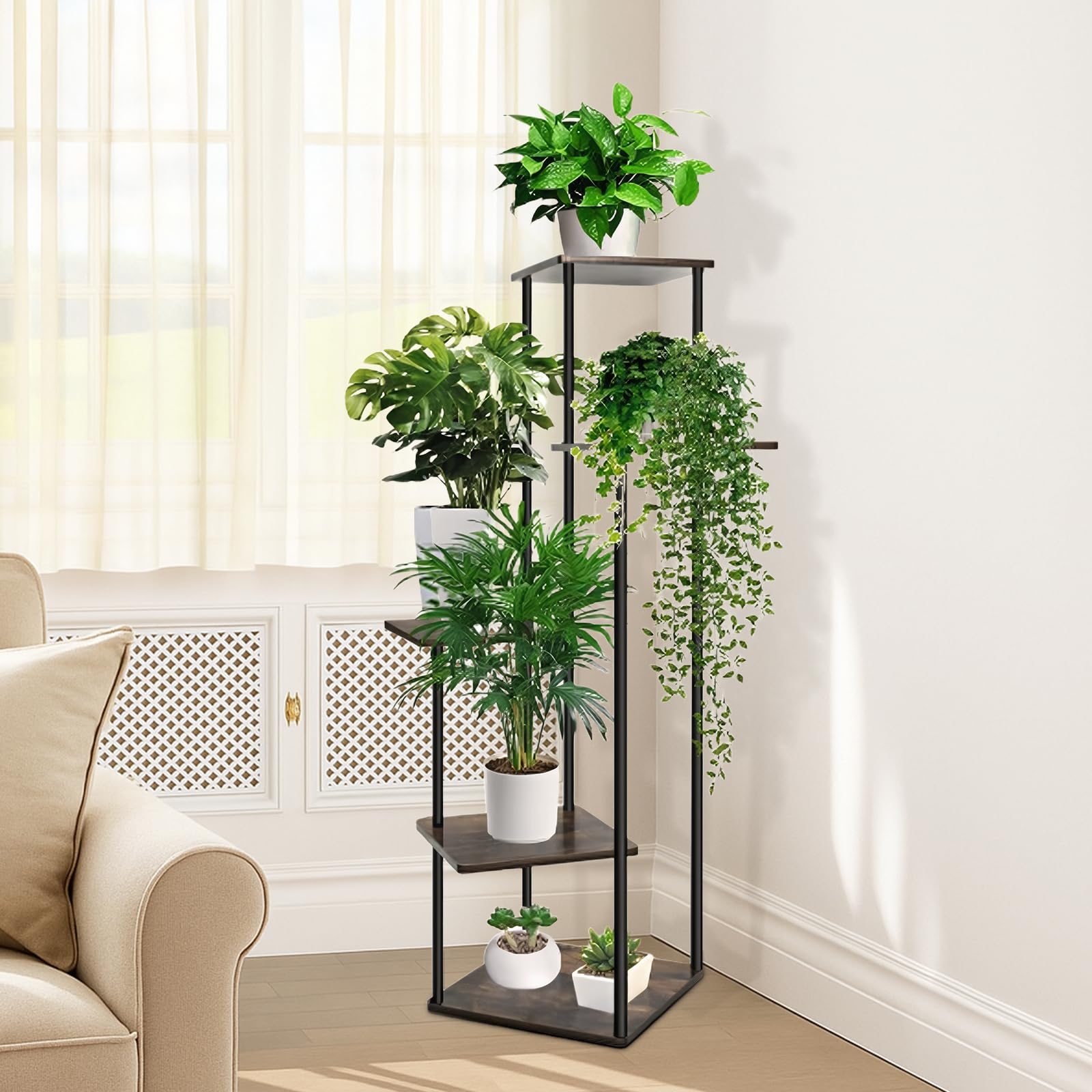 Photo 1 of Yuanjimi 5 Tier Tall Plant Stand for Indoor Outdoor, Corner Plant Shelf for Multiple Plants, Metal Flower Pot Holder Display Stand for Living Room, Patio, Balcony (Black)