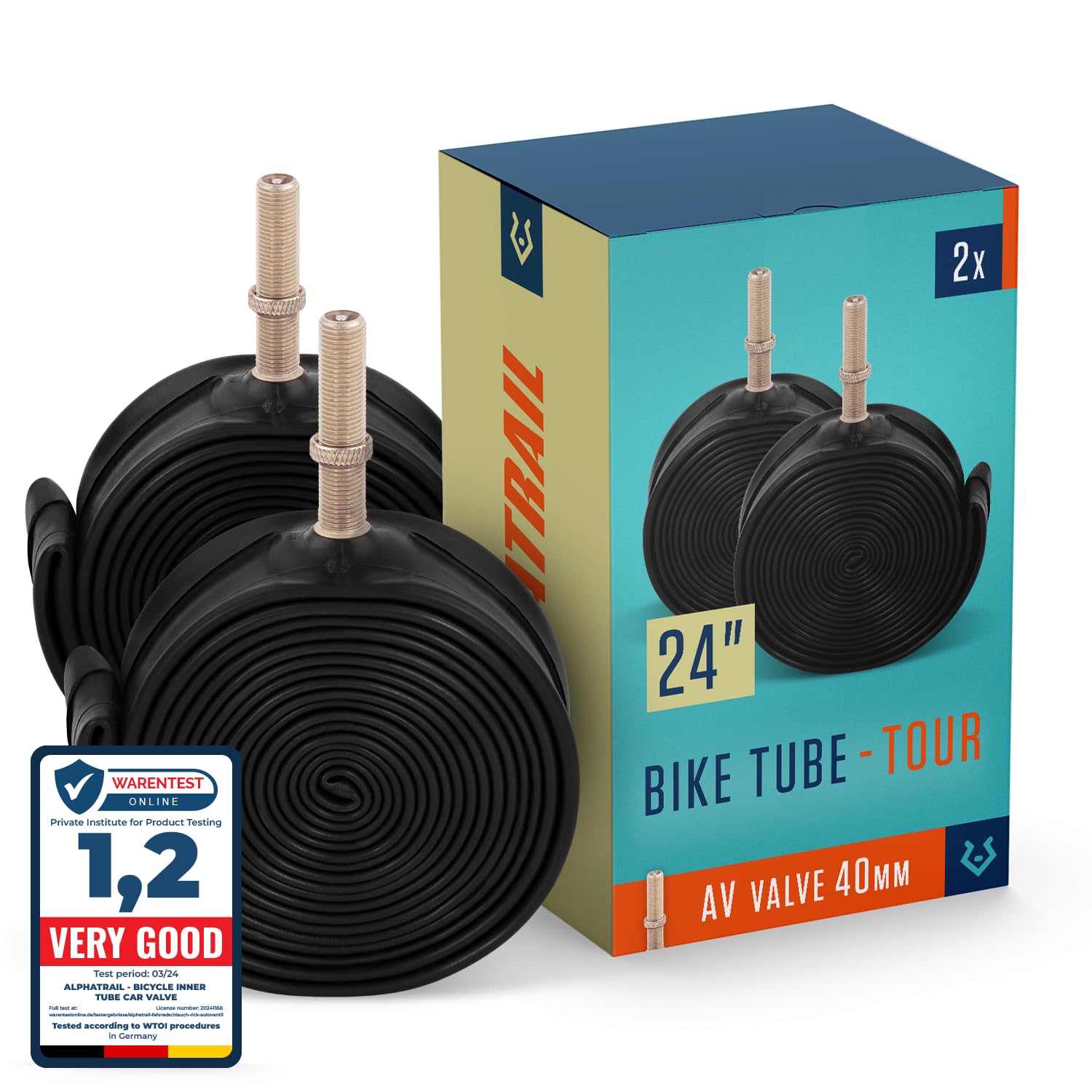 Alphatrail Bicycle Inner Tube Rick 24 Inch AV Schrader Valve 2x Set with Mobility Guarantee I Compatible Bike Tyres Continental, Conti, Schwalbe, Maxxis & Michelin Bike Tube