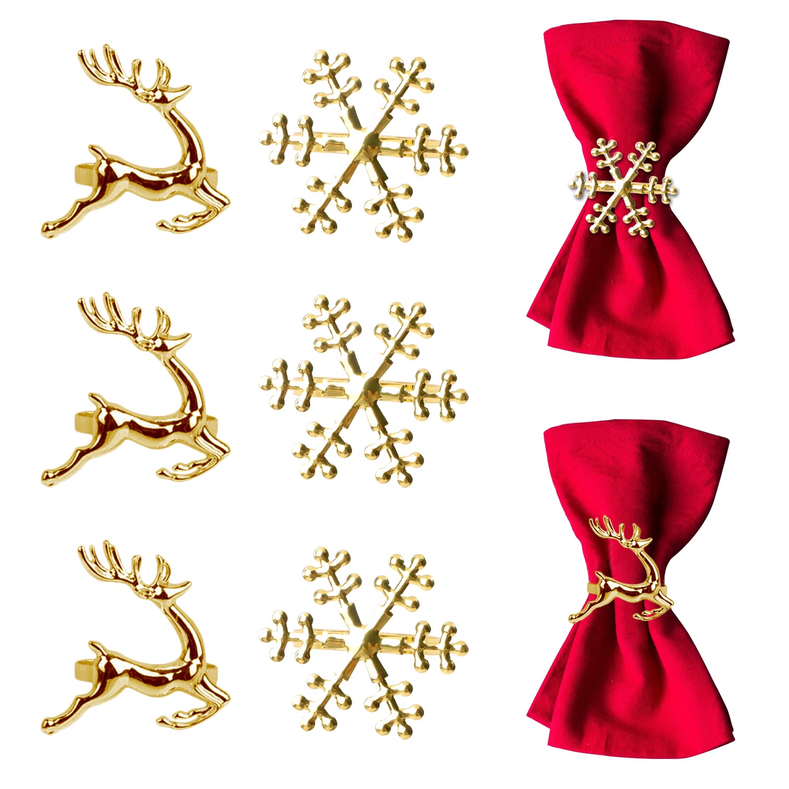 Christmas Napkin Rings Set of 8 Golden Napkin Rings Snowflake Reindeer for Christmas Lunch Thanksgiving Party Holiday Christmas Wedding Table Decoration Stocking Fillers