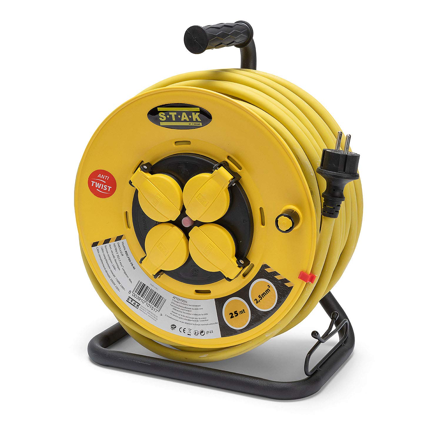 Stak REELPRO-FR-25 Kabeltrommel, professionell, feste Trommel, wasserfest IP44, 25 m langes Gummikabel 3G2,5 mm2 für Baustellen, Basteln, Garten 4 Steckdosen, Rahmen aus Stahl, Gelb