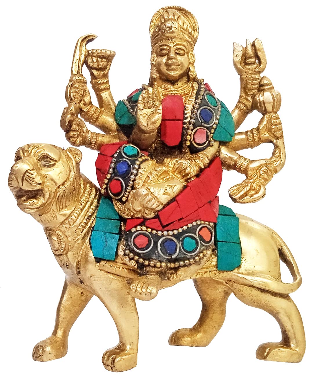 Purpledip Brass Idol Durga Sherawali Ma: Collectible Statue For Home Temple With Gemstone Work (11076)