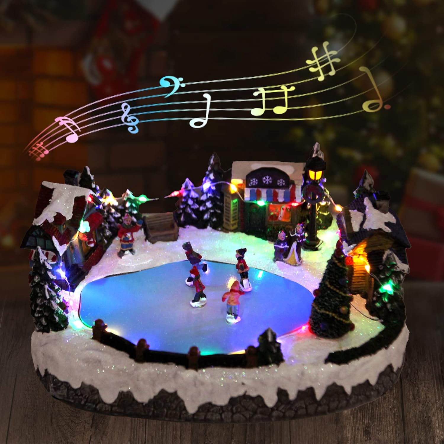 Snow Globes - Christmas Decoration Musical Snow Village Figurines Display Skating Pond Christmas Snow Globe Aldea De Navidad with 8 Music for Kids Gift Christmas Decor Escritorio Large