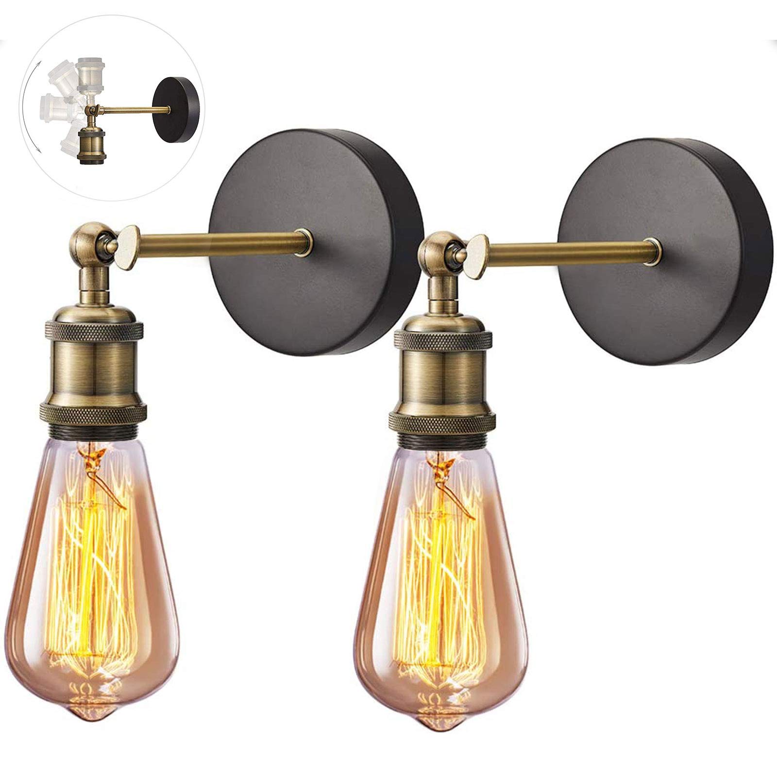 HTRUIYATY 2pcs Retro Copper Head Wall Lights Adjustable Antique Industrial E27 Edison Wall Lamp for Corridor Balcony Lighting Decoration (Bronze)