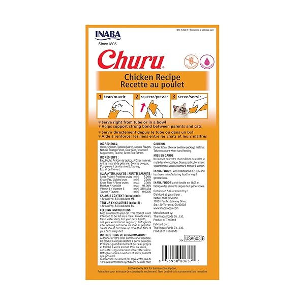 INABA CHURU CAT TREATS, GRAIN-FREE, LICKABLE, SQUEEZABLE CREAMY PURÉE CAT TREAT/TOPPER WITH VITAMIN E & TAURINE, 0.5 OUNCES EACH TUBE, 24 TUBES (4 PER PACK), CHICKEN RECIPE